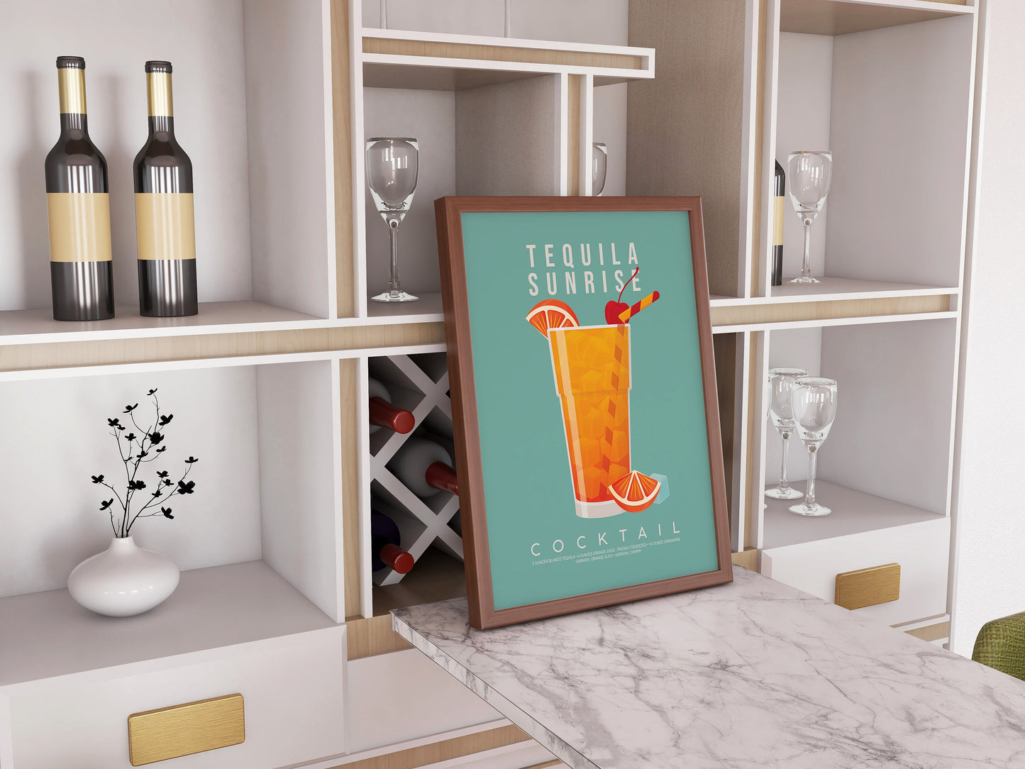 Margarita cocktail recipe print, minimalist printable wall art featuring the margarita ingredients of white tequila triple sec and lime wedge with a salted rim glass illustration, modern cocktail poster for kitchens home bars bar carts and dining rooms, instant digital download in multiple print ratios including A5 A4 A3 A2 and US sizes, perfect housewarming gift for cocktail lovers bartenders and tequila fans, designed in the UK by Hues and Reflections small business