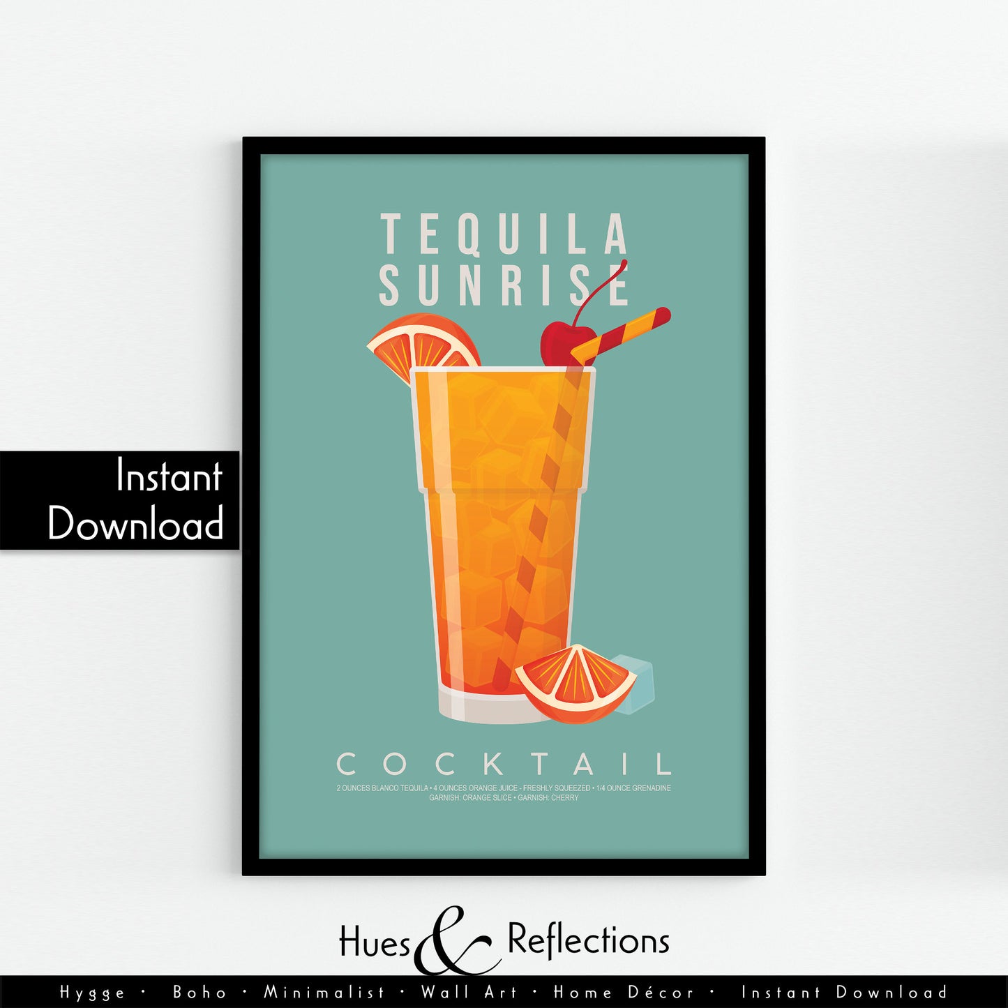 Margarita cocktail recipe print, minimalist printable wall art featuring the margarita ingredients of white tequila triple sec and lime wedge with a salted rim glass illustration, modern cocktail poster for kitchens home bars bar carts and dining rooms, instant digital download in multiple print ratios including A5 A4 A3 A2 and US sizes, perfect housewarming gift for cocktail lovers bartenders and tequila fans, designed in the UK by Hues and Reflections small business