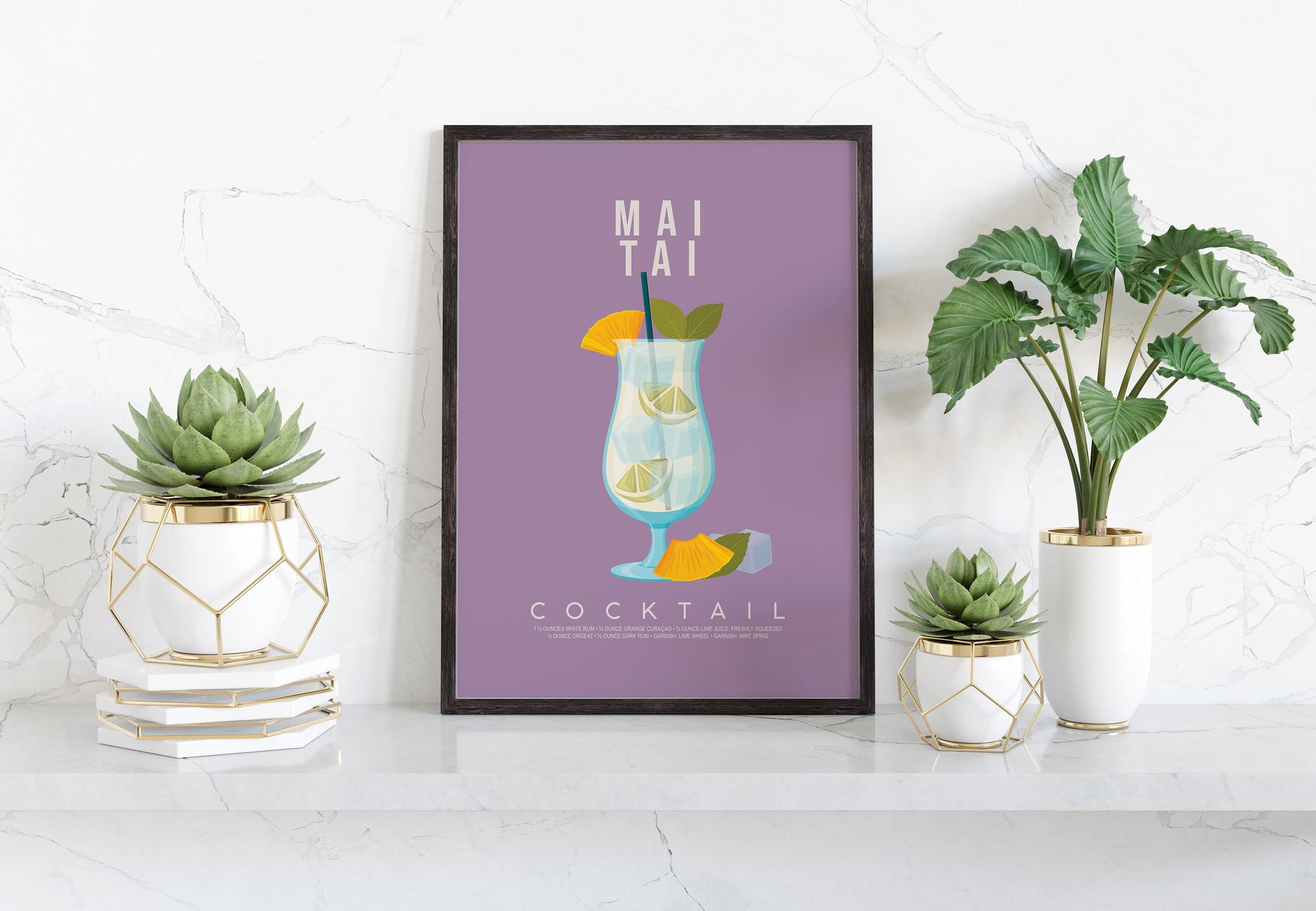 Mai Tai cocktail recipe print, tropical printable wall art featuring the classic tiki cocktail ingredients of white rum dark rum orange curaçao and orgeat with a pineapple wedge garnish on a soft purple background, modern cocktail poster for kitchens home tiki bars bar carts and summer entertaining spaces, instant digital download in multiple print ratios including A5 A4 A3 A2 and US sizes, perfect housewarming gift for rum lovers tiki fans and tropical aesthetic devotees.