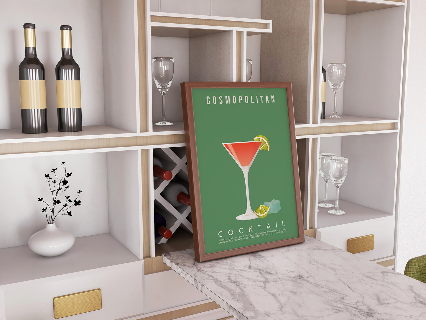 Cosmopolitan cocktail recipe print, glamorous printable wall art featuring the iconic pink cocktail ingredients of vodka triple sec cranberry juice and fresh lime with a martini glass illustration, modern cocktail poster for kitchens home bars bar carts and girls night spaces, instant digital download in multiple print ratios including A5 A4 A3 A2 and US sizes, perfect bachelorette and Sex and the City fan gift for cocktail lovers and pink aesthetic devotees