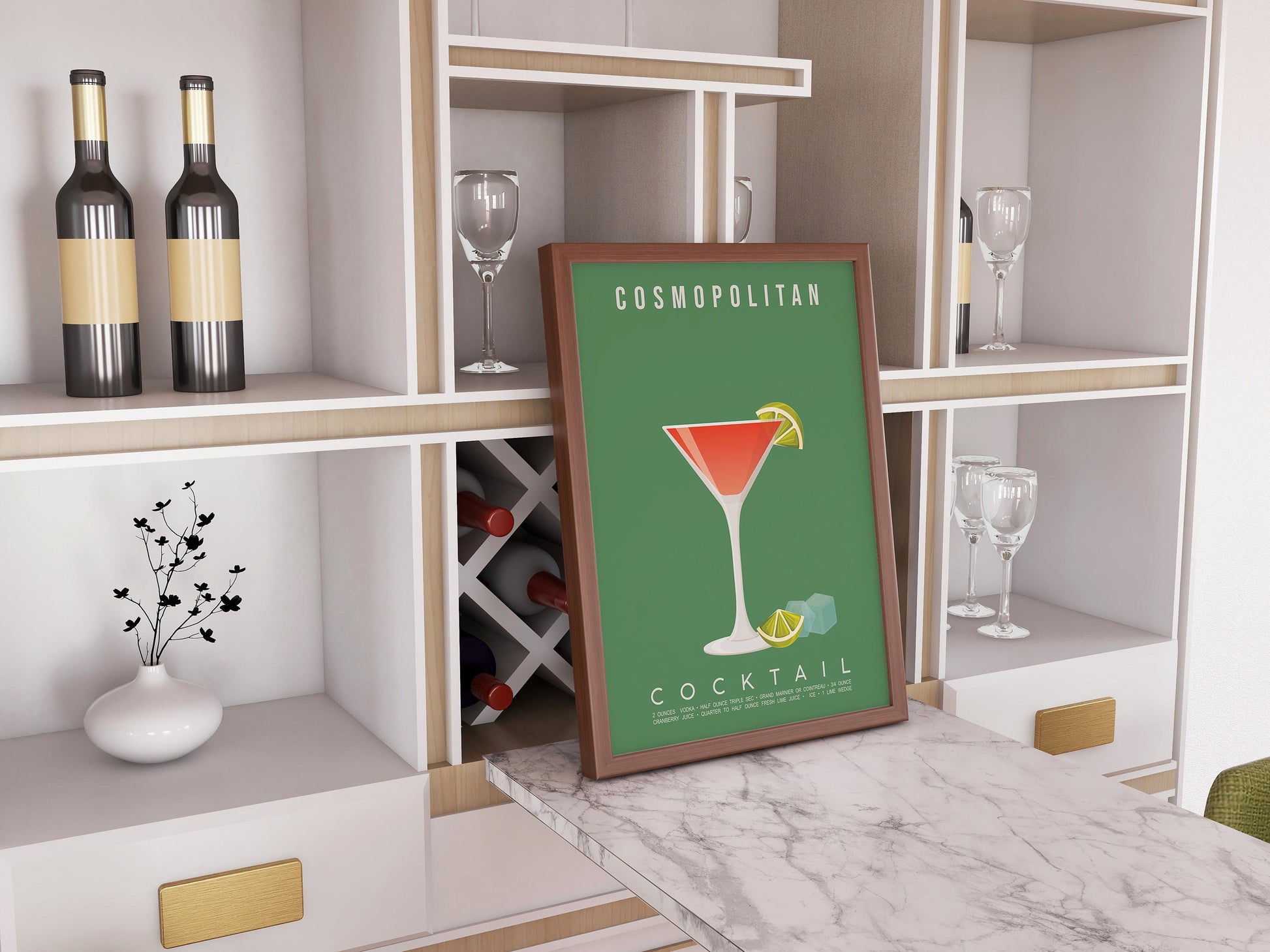 Cosmopolitan cocktail recipe print, glamorous printable wall art featuring the iconic pink cocktail ingredients of vodka triple sec cranberry juice and fresh lime with a martini glass illustration, modern cocktail poster for kitchens home bars bar carts and girls night spaces, instant digital download in multiple print ratios including A5 A4 A3 A2 and US sizes, perfect bachelorette and Sex and the City fan gift for cocktail lovers and pink aesthetic devotees