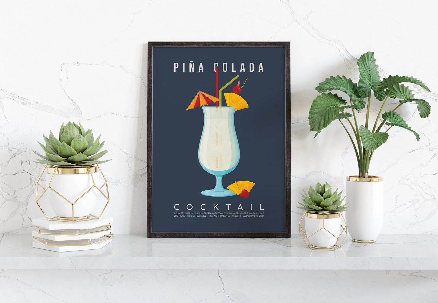 Pina Colada cocktail recipe print, tropical printable wall art featuring the classic Caribbean cocktail ingredients of white rum pineapple juice and coconut cream with a frozen cocktail glass illustration, modern cocktail poster for kitchens home bars bar carts and summer entertaining spaces, instant digital download in multiple print ratios including A5 A4 A3 A2 and US sizes, perfect housewarming gift for rum lovers Caribbean cocktail fans and beach aesthetic devotees