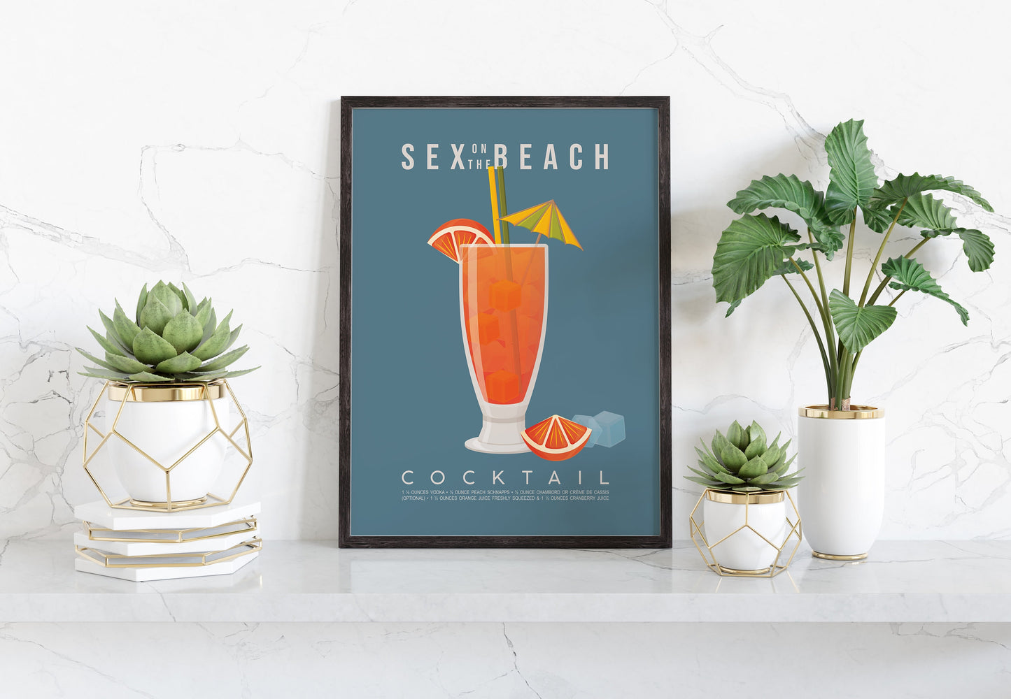 Sex on the Beach cocktail recipe print, cheeky printable wall art featuring the classic 90s cocktail ingredients of vodka peach schnapps orange juice and cranberry juice with a tall glass illustration in pink and orange sunset tones, modern cocktail poster for kitchens home bars bar carts and hen party spaces, instant digital download in multiple print ratios including A5 A4 A3 A2 and US sizes, perfect bachelorette and girls night gift for vodka lovers and cocktail fans