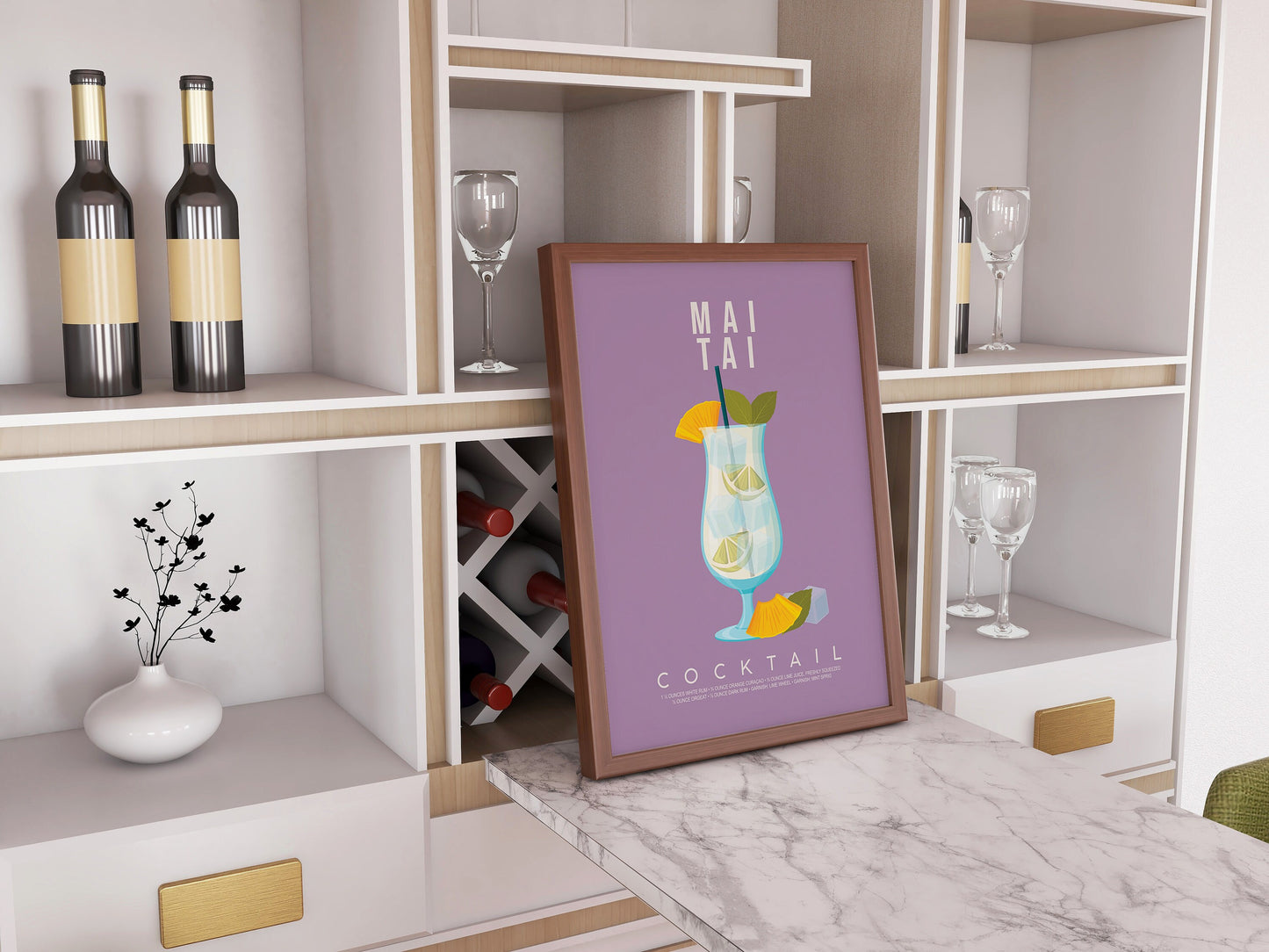 Mai Tai cocktail recipe print, tropical printable wall art featuring the classic tiki cocktail ingredients of white rum dark rum orange curaçao and orgeat with a pineapple wedge garnish on a soft purple background, modern cocktail poster for kitchens home tiki bars bar carts and summer entertaining spaces, instant digital download in multiple print ratios including A5 A4 A3 A2 and US sizes, perfect housewarming gift for rum lovers tiki fans and tropical aesthetic devotees.
