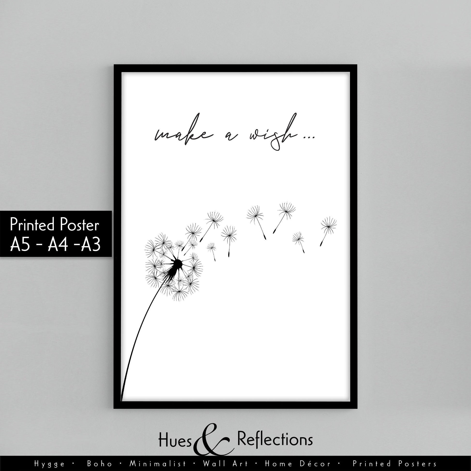 Make A Wish | Positive Inspiration, Minimalist Typography, Illustration, Dandelion in the wind