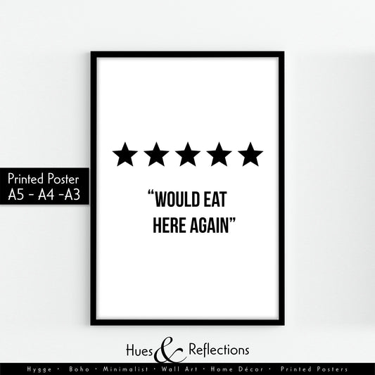 Would Eat Here Again - Kitchen Review Wall Decor, Kitchen Prints, Funny Home Decor, Kitchen frame, Gift For Home Chef