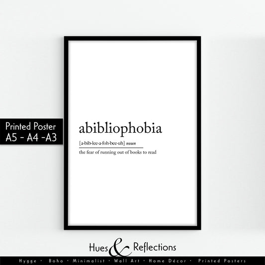 Abibliophobia Definition Poster ideal for Book Lovers, Gift for Librarian, Book Reader Gift, Home Decor Wall Art, Library Wall Decor