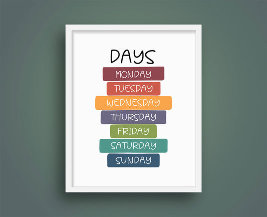 Days of the Week Print, Montessori Education Poster, Nursery Wall Art, Kids learning, Homeschool Resource, Learning Print, Children's Print