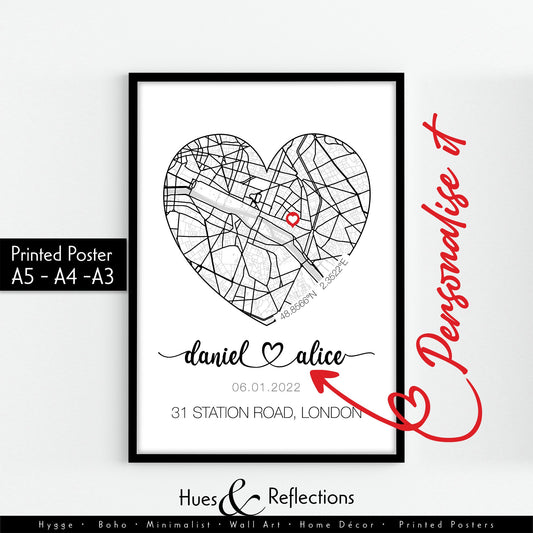 Heart Shape Personalised New Home Map Print With Heart and Address, Ideal Customised Moving Present, Unique Location Housewarming Gift