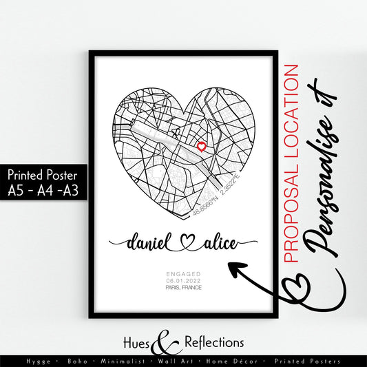 Personalised Engagement Gift, Proposal location Print With Heart and Address, Ideal Customised Present, Unique Location Couple Gift Idea