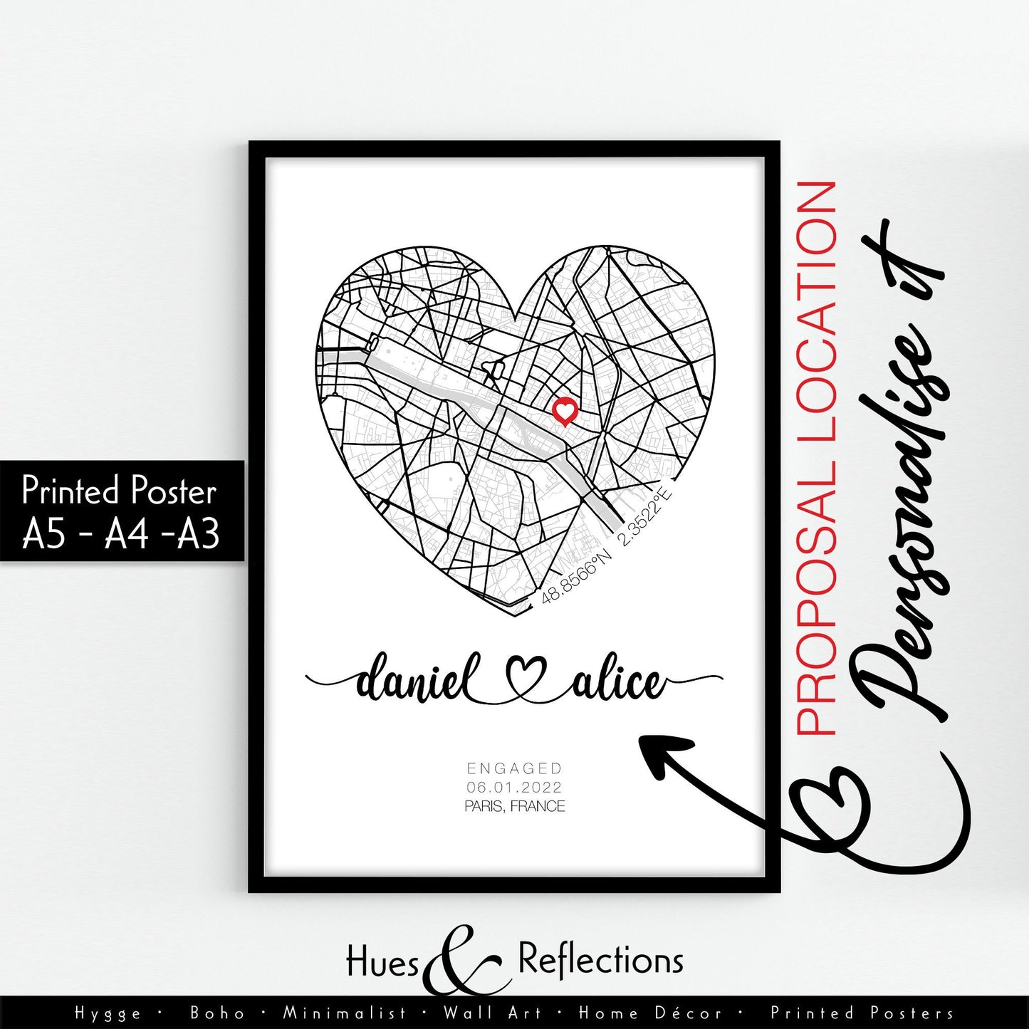 Personalised Engagement Gift, Proposal location Print With Heart and Address, Ideal Customised Present, Unique Location Couple Gift Idea,Wedding anniversary gift, Valentine&#39;sDay Gift, Gift for couple, Gift for Her, Personalised Map, Custom Map print