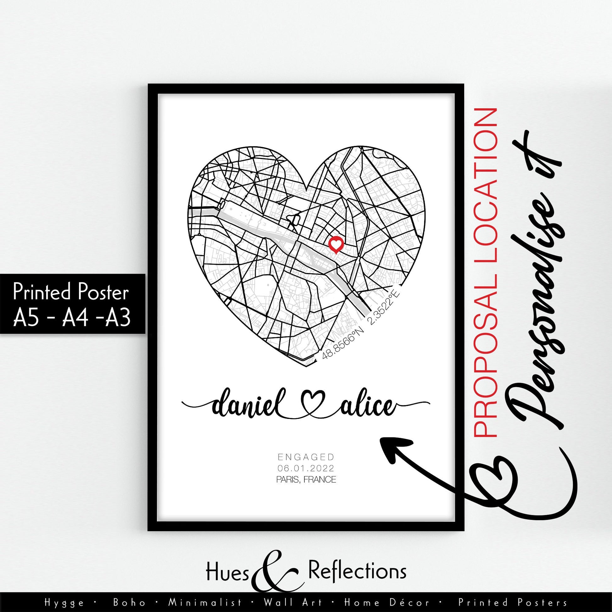 Personalised Engagement Gift, Proposal location Print With Heart and Address, Ideal Customised Present, Unique Location Couple Gift Idea,Wedding anniversary gift, Valentine&#39;sDay Gift, Gift for couple, Gift for Her, Personalised Map, Custom Map print