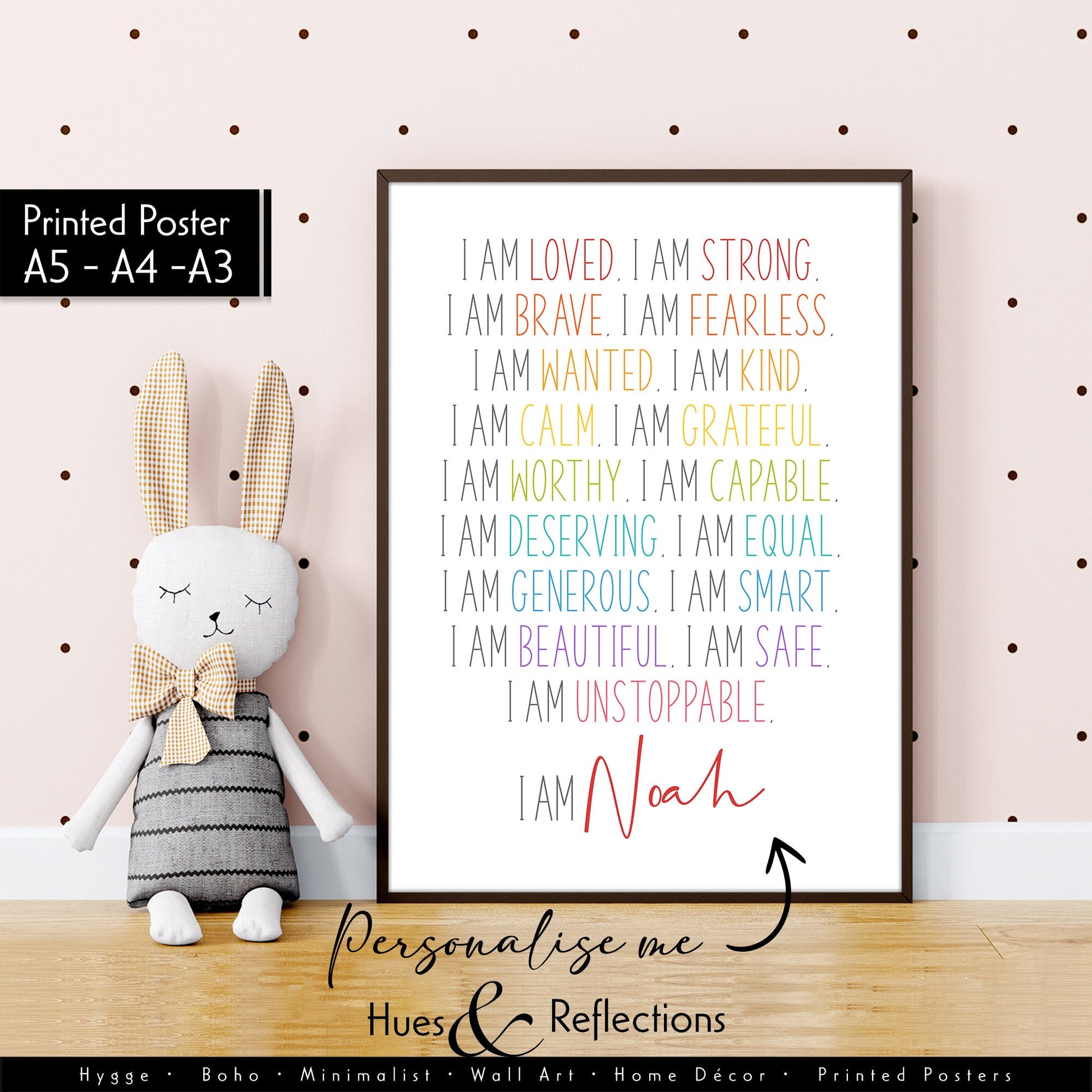 Kids Affirmation Printable Art: I Am Loved, Strong, Brave, Fearless, Beautiful - Personalised Word Art, Nursery Decor, Positive Affirmation