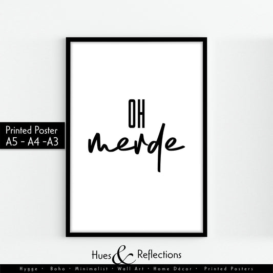 Oh Merde, Excuse My French Wall Art Print, Typography Print, Kitchen Wall Art, French Decor, Funny French Word, Black and White Print