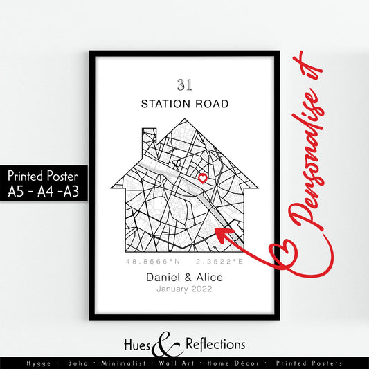 Personalised New Home Map Print With Heart and Address, Ideal Customised Moving Present, Unique Location Housewarming Gift, Black and White