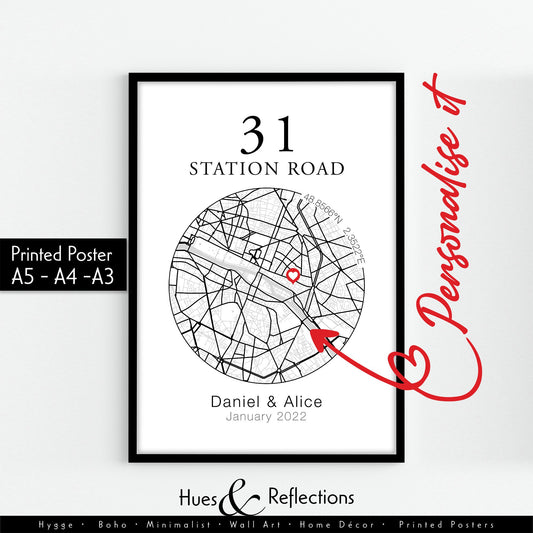 Customised New Home Map Print With Heart and Address, Ideal Customised Moving Present, Unique Location Housewarming Gift, Black and White