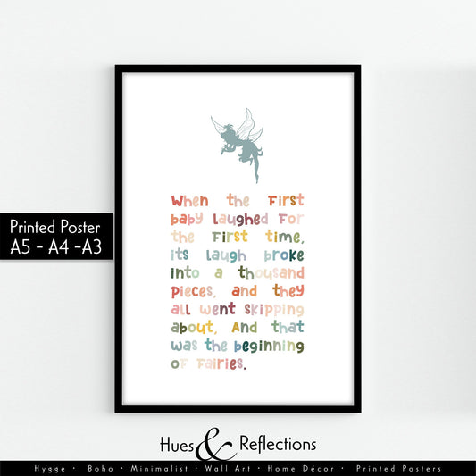 When the first baby laughed for the first time, Peter Pan Quote, Beginning Of Fairies, Fairy Tale, Literary Quote Print, Colourful Gift