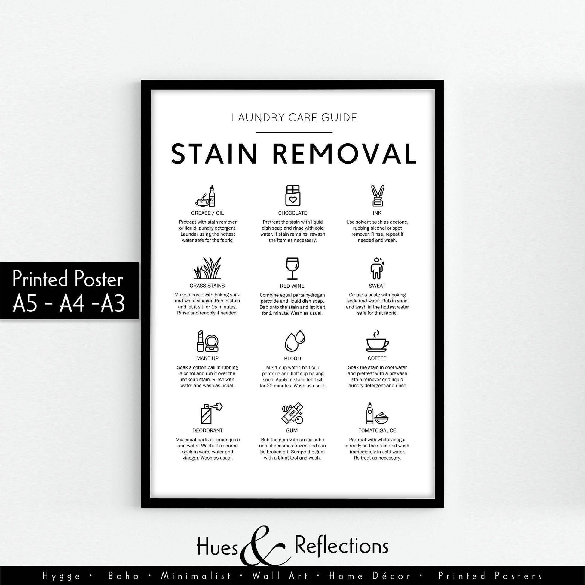 Stain removal poster ideal for laundry room in a minimalistic house as well as a rustic house. How to remove stains from cloths guide. Laundry care guide poster perfect gift for laundry room poster. Remove make up stain guide. How to remove red wine.