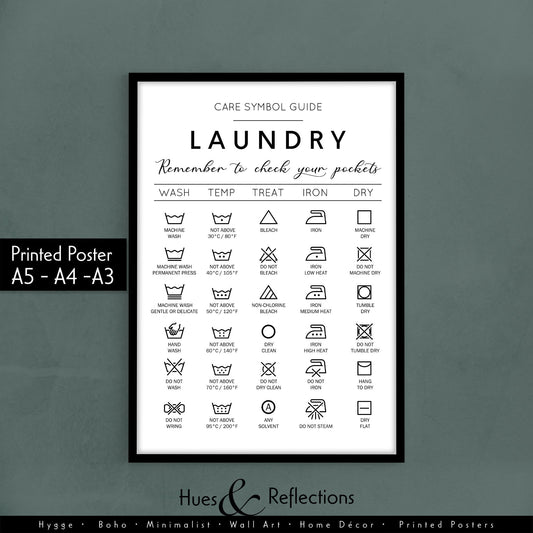 Laundry care symbol guide. Ideal gift for housewarming. Complement your minimalist house decoration with this handy guide for laundry. Frame for laundry room. Poster for laundrette. Black and white picture for bathroom. Cloth washing signs gift idea