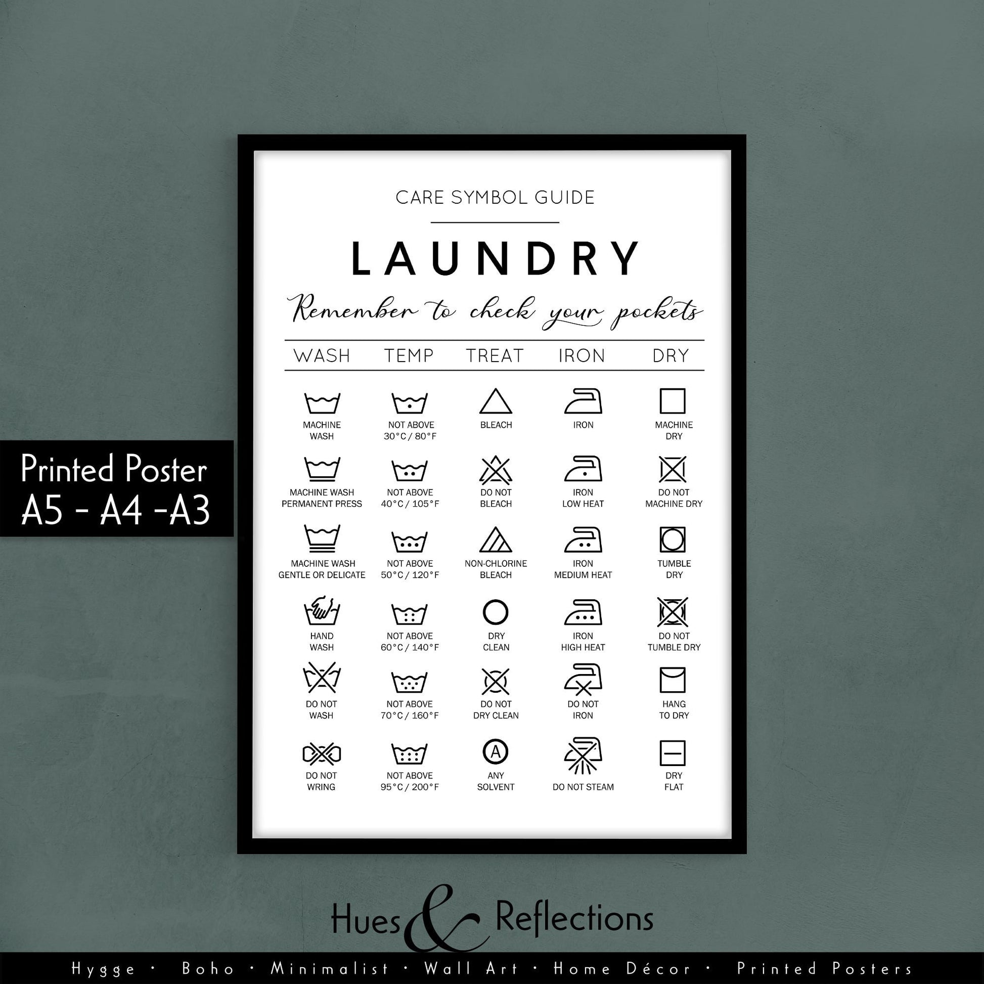 Laundry care symbol guide. Ideal gift for housewarming. Complement your minimalist house decoration with this handy guide for laundry. Frame for laundry room. Poster for laundrette. Black and white picture for bathroom. Cloth washing signs gift idea