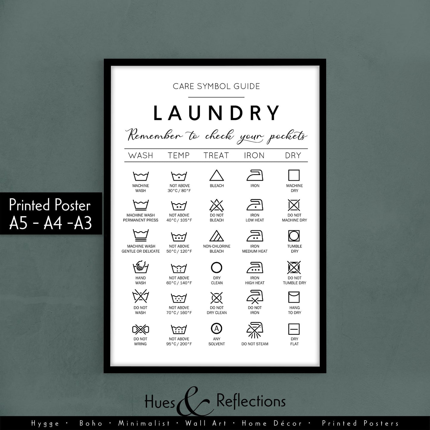 Set of 2 - Laundry Symbols Guide and Stain Removal - Cheat Sheet Instructions for Laundry Care Symbol Guide Print - Laundry Room Decor