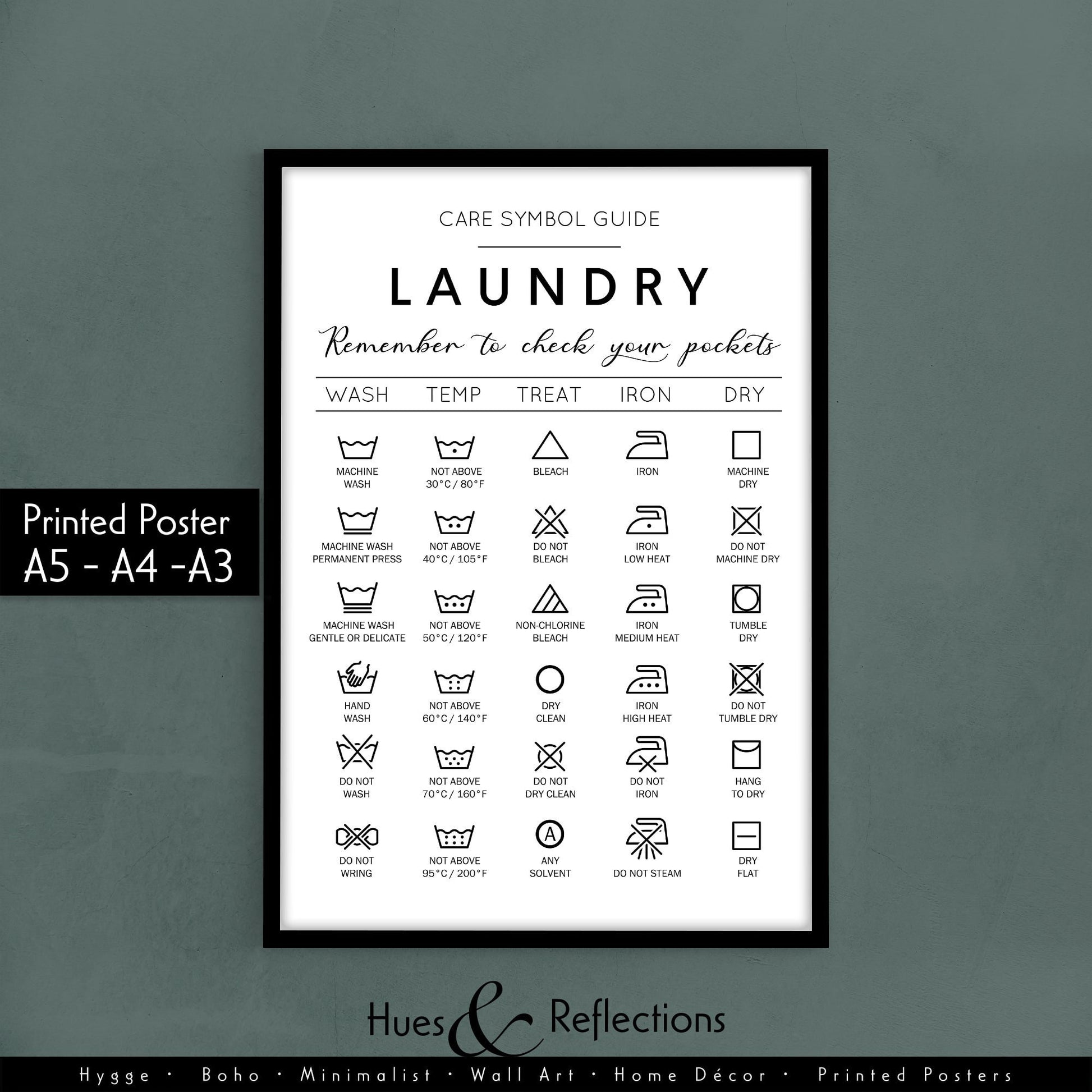 Set of 2 - Laundry Symbols Guide and Stain Removal - Cheat Sheet Instructions for Laundry Care Symbol Guide Print - Laundry Room Decor