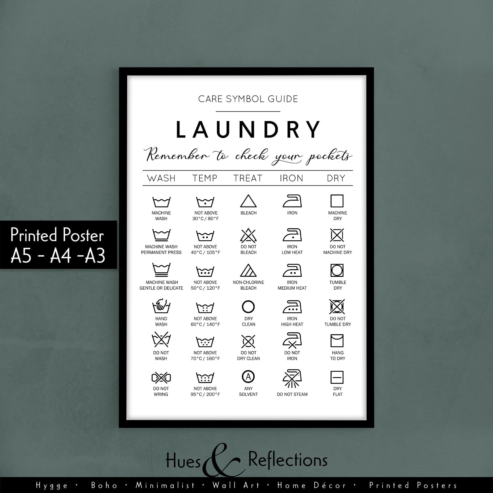 Laundry Room Prints, Various Designs and Sizes - Symbols Guide, Stain Removal, Wash Dry Fold Repeat, Utility Room Wall Decor, Minimalist Art - Cheat Sheet Instructions for Laundry Care Symbol Guide Print - Laundry Room Decor
