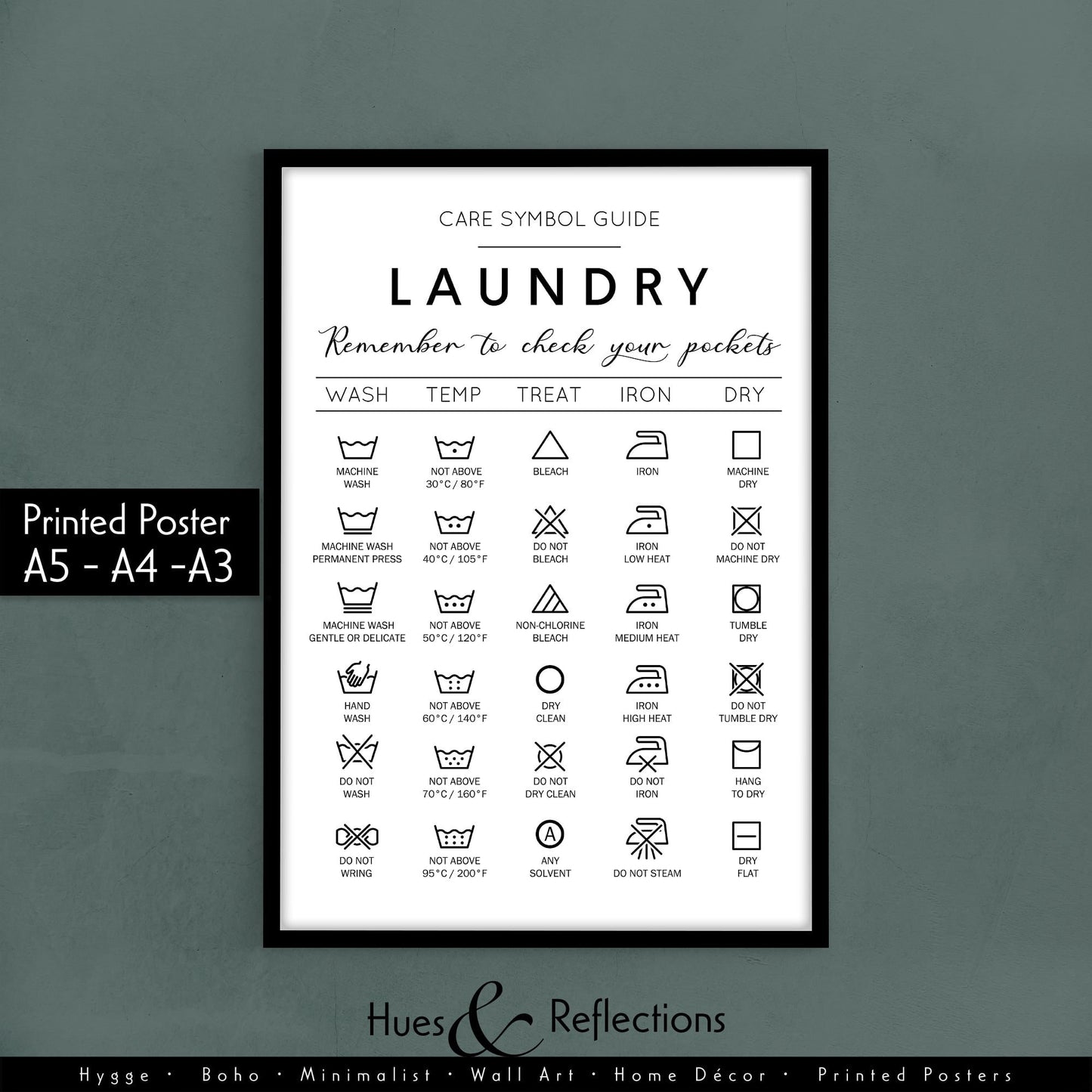 Laundry Room Prints, Various Designs and Sizes - Symbols Guide, Stain Removal, Wash Dry Fold Repeat, Utility Room Wall Decor, Minimalist Art - Cheat Sheet Instructions for Laundry Care Symbol Guide Print - Laundry Room Decor