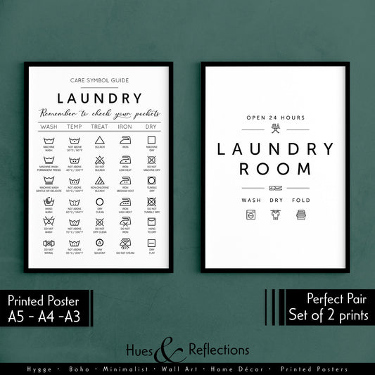 Set of 2 - Laundry Symbols Guide and Laundry Service Room Poster, Cheat Sheet Instructions for Laundry Care Symbol Guide Print, Laundry Room