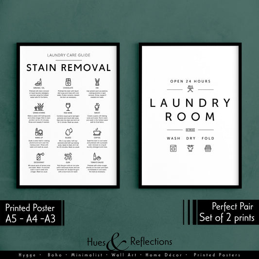 Set of 2 - Laundry Service Room and Stain Removal - Cheat Sheet Instructions for Laundry Stain Remover , Ideal Prints for Laundry Room Decor