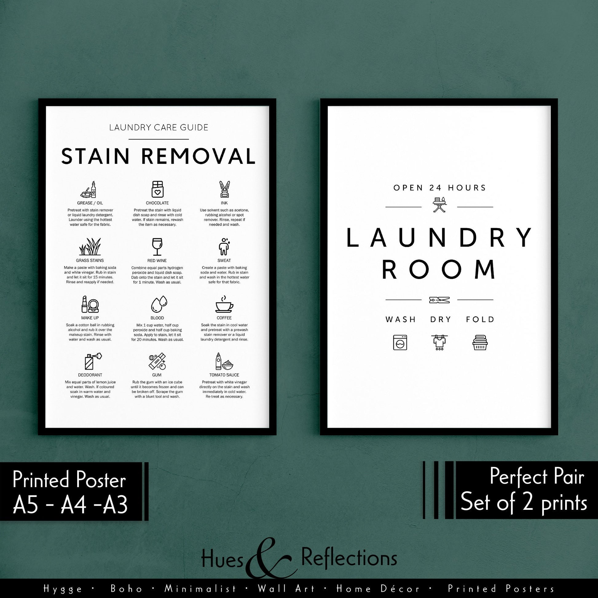 Set of 2 - Laundry Service Room and Stain Removal - Cheat Sheet Instructions for Laundry Stain Remover , Ideal Prints for Laundry Room Decor