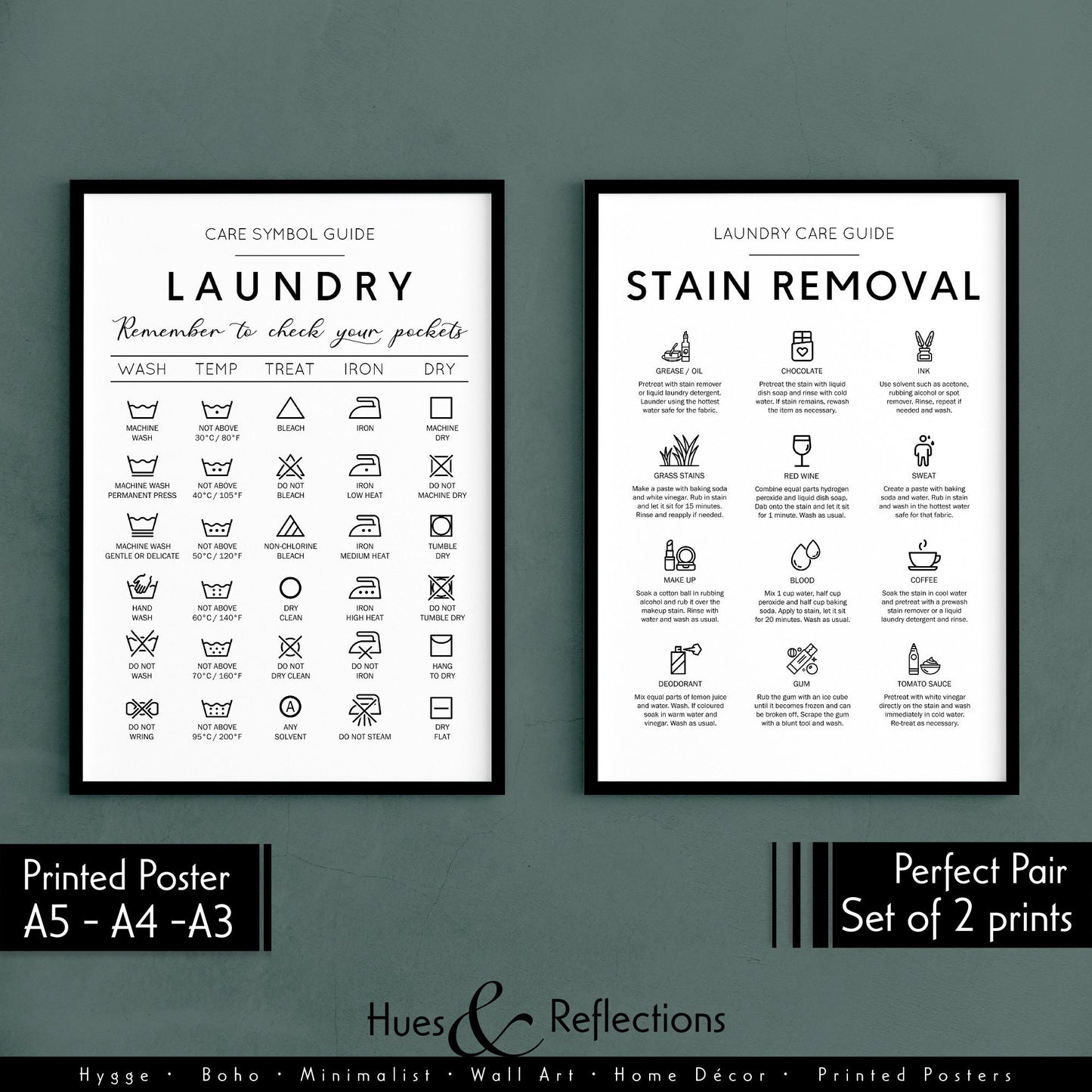 Set of 2 - Laundry Symbols Guide and Stain Removal - Cheat Sheet Instructions for Laundry Care Symbol Guide Print - Laundry Room Decor