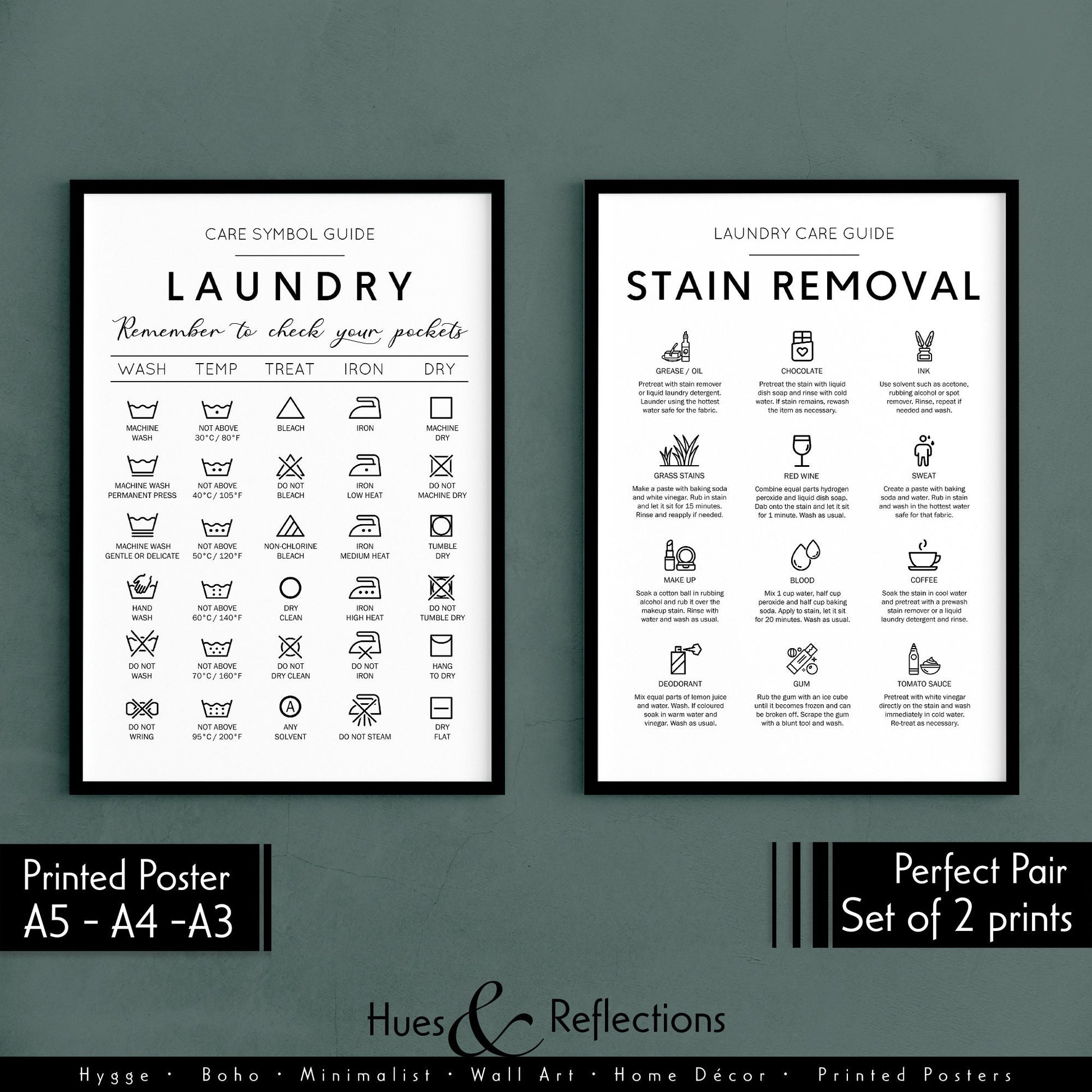 Set of 2 - Laundry Symbols Guide and Stain Removal - Cheat Sheet Instructions for Laundry Care Symbol Guide Print - Laundry Room Decor