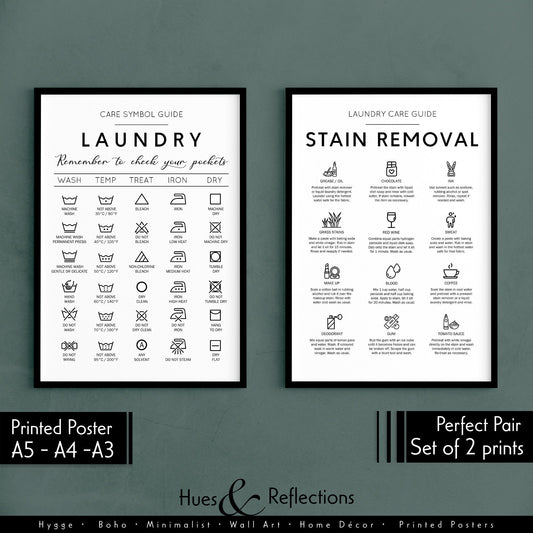 Set of 2 - Laundry Symbols Guide and Stain Removal - Cheat Sheet Instructions for Laundry Care Symbol Guide Print - Laundry Room Decor