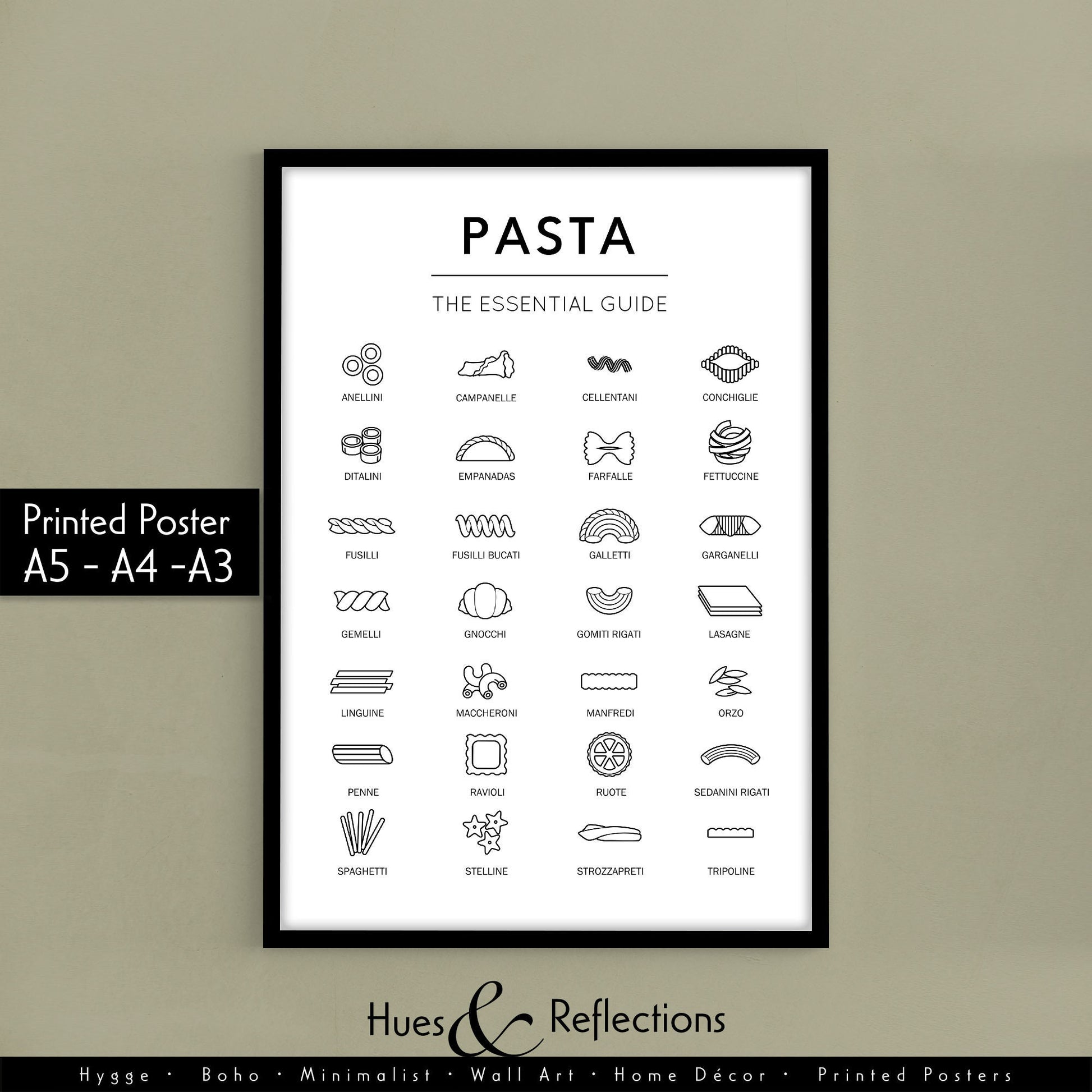 The essential Guide to Pasta, Kitchen Print, Chef&#39;s Gift, Kitchen Guide, Italian Food, Past lovers, Monochrome Picture, Pasta Types, Cooking, Spaghetti Guide, Maccheroni and cheese, Penne, Ravioli, Lasagne, Fusilli, Fettuccine, Empanadas, Gnochi