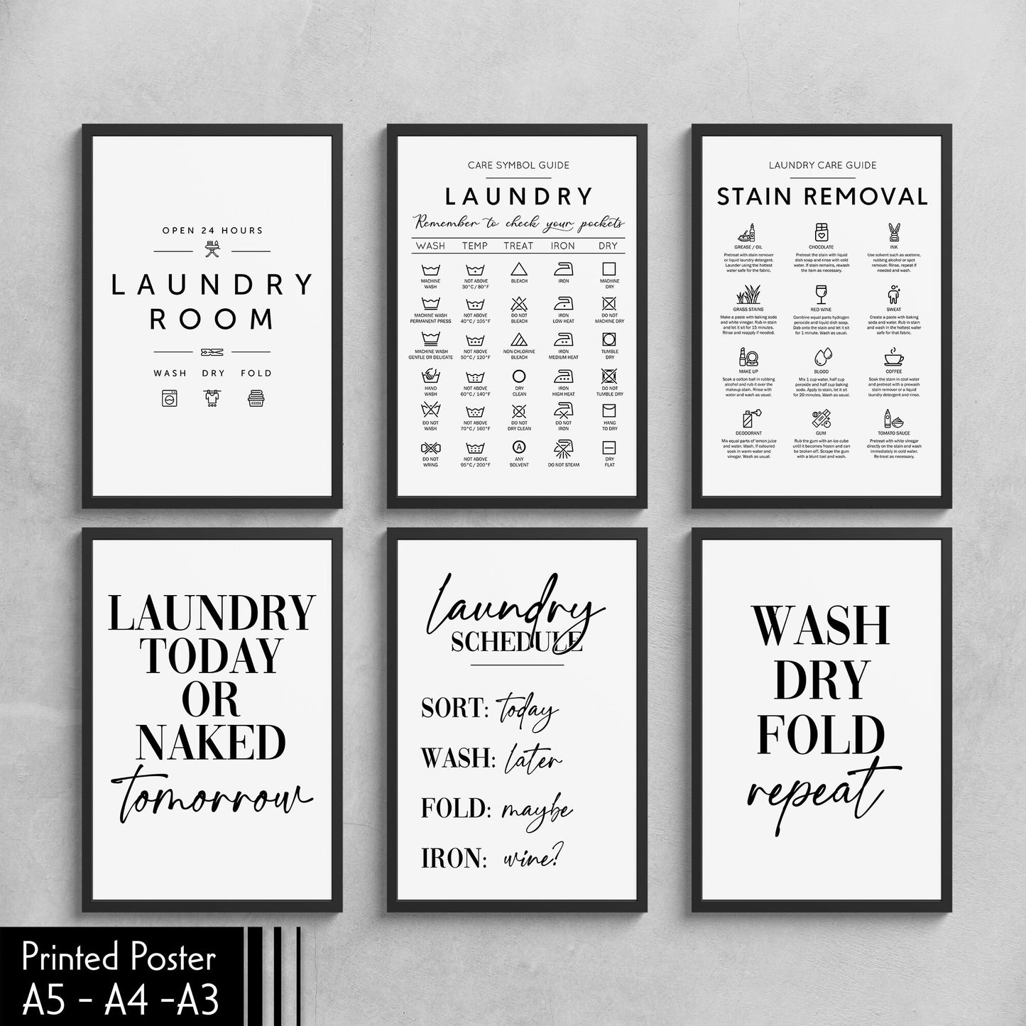 Laundry Room Prints, Various Designs and Sizes - Symbols Guide, Stain Removal, Wash Dry Fold Repeat, Utility Room Wall Decor, Minimalist Art - Cheat Sheet Instructions for Laundry Care Symbol Guide Print - Laundry Room Decor