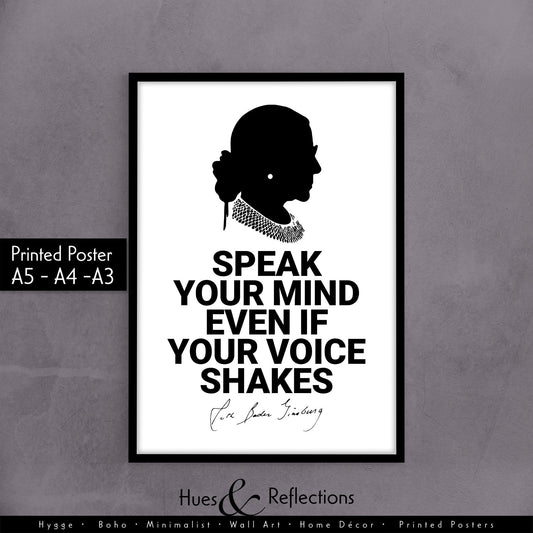 Speak Your Mind Even If Your Voice Shakes, Feminist Quotes From Ruth Bader Ginsburg, Minimalist Home, RBG Wall Art, Motivational quote, female empowerment gift for feminists secret Ruth Bader Ginsburg Poster Speak your mind even if your voice shakes