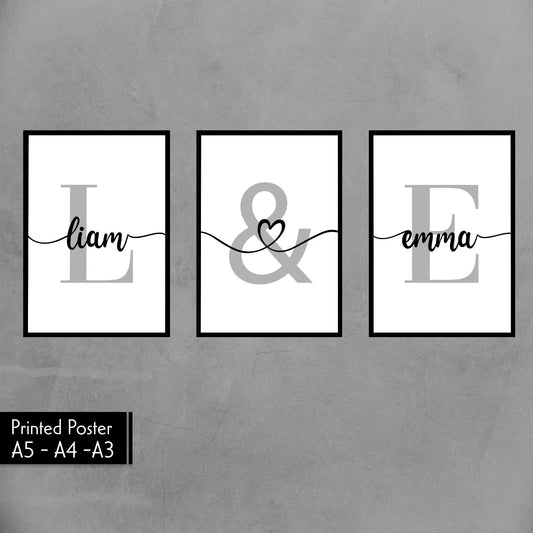 Set Of 3 Wall Prints With Couple Name And Initial Engagement Gift, Moving In Together Gift, Home Print, Bedroom Wall Art, Personalised Print