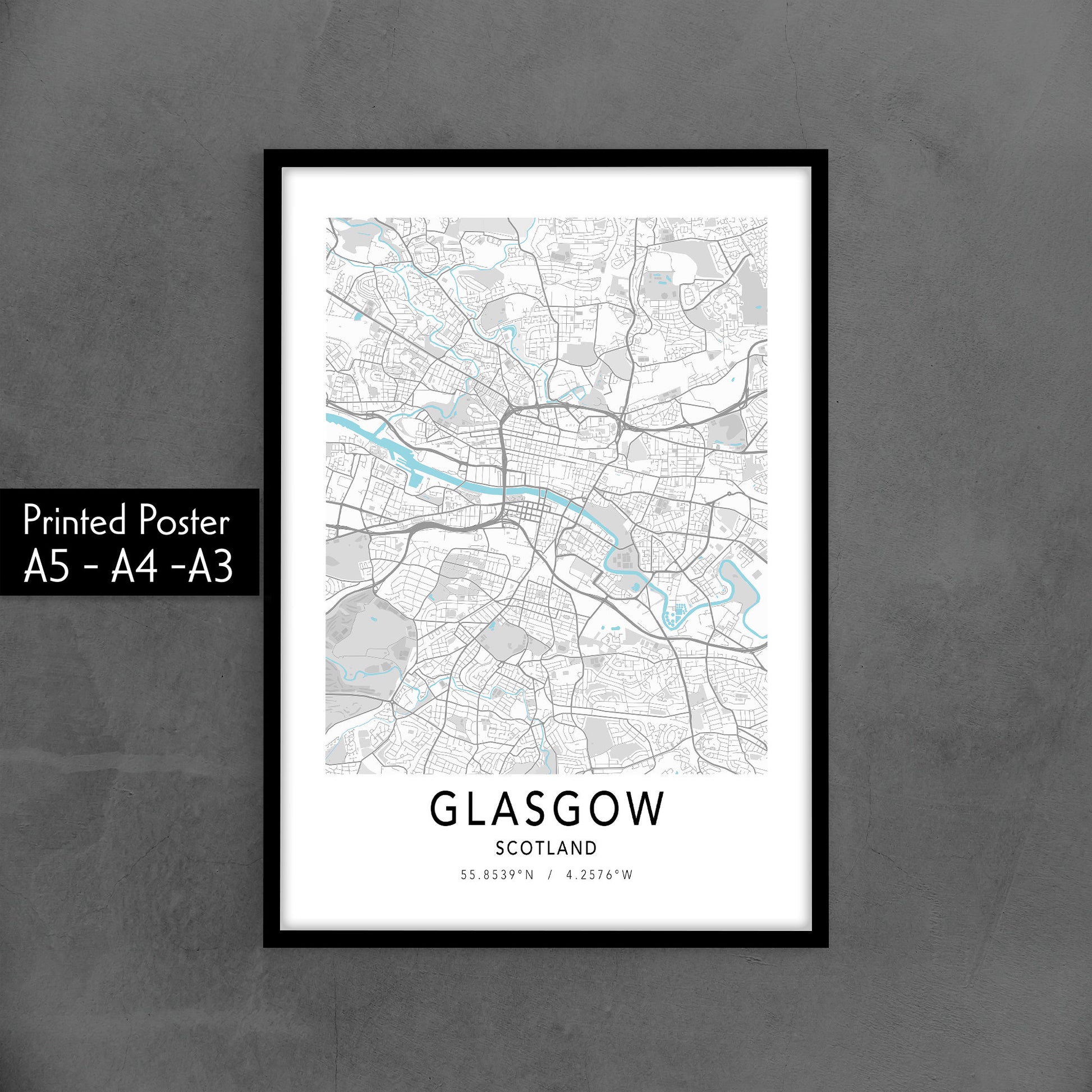 Custom Travel Map Poster, Glasgow City Map Print, Minimalist Black and White Wall Art, Scotland, Home Town Map Poster, Urban City Map Print