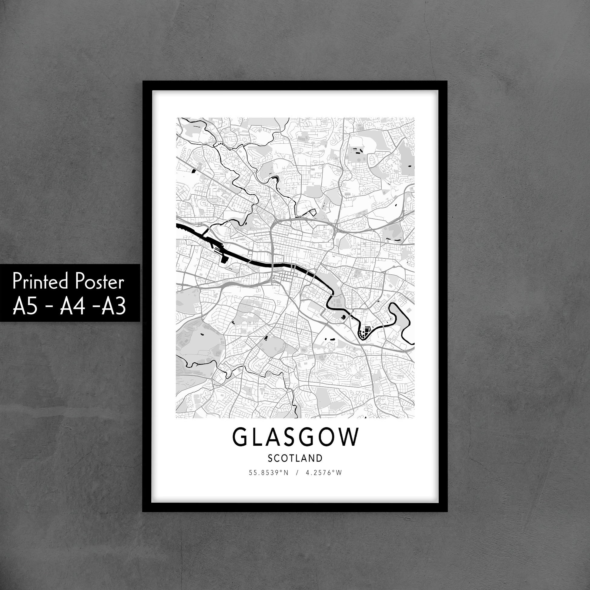 Custom Travel Map Poster, Glasgow City Map Print, Minimalist Black and White Wall Art, Scotland, Home Town Map Poster, Urban City Map Print