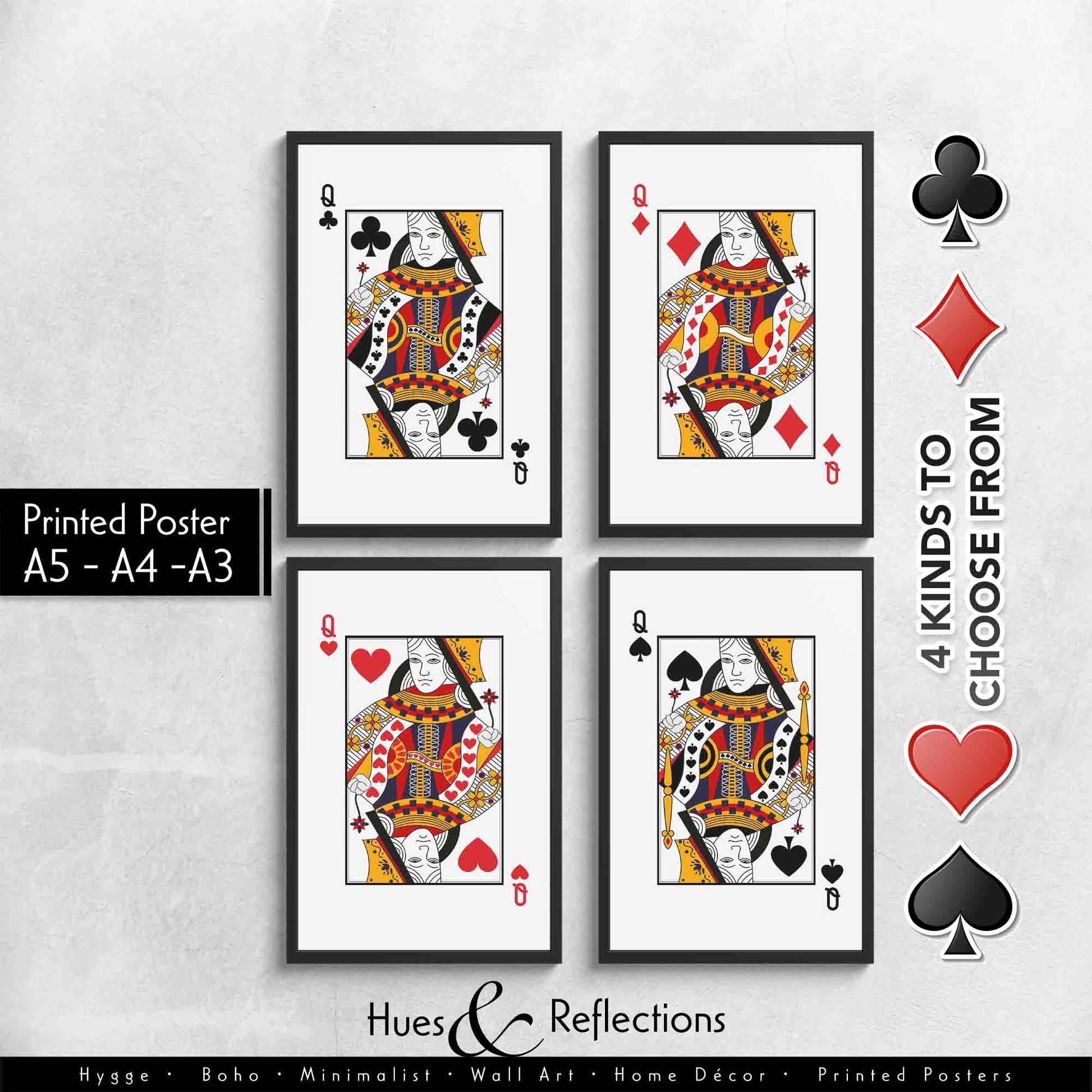 Queens of Playing Card Wall Décor, Poker Players Gift, Black Jack Card Deck Print, His Side Her Side Bedroom Wall Art, Playing Card Print