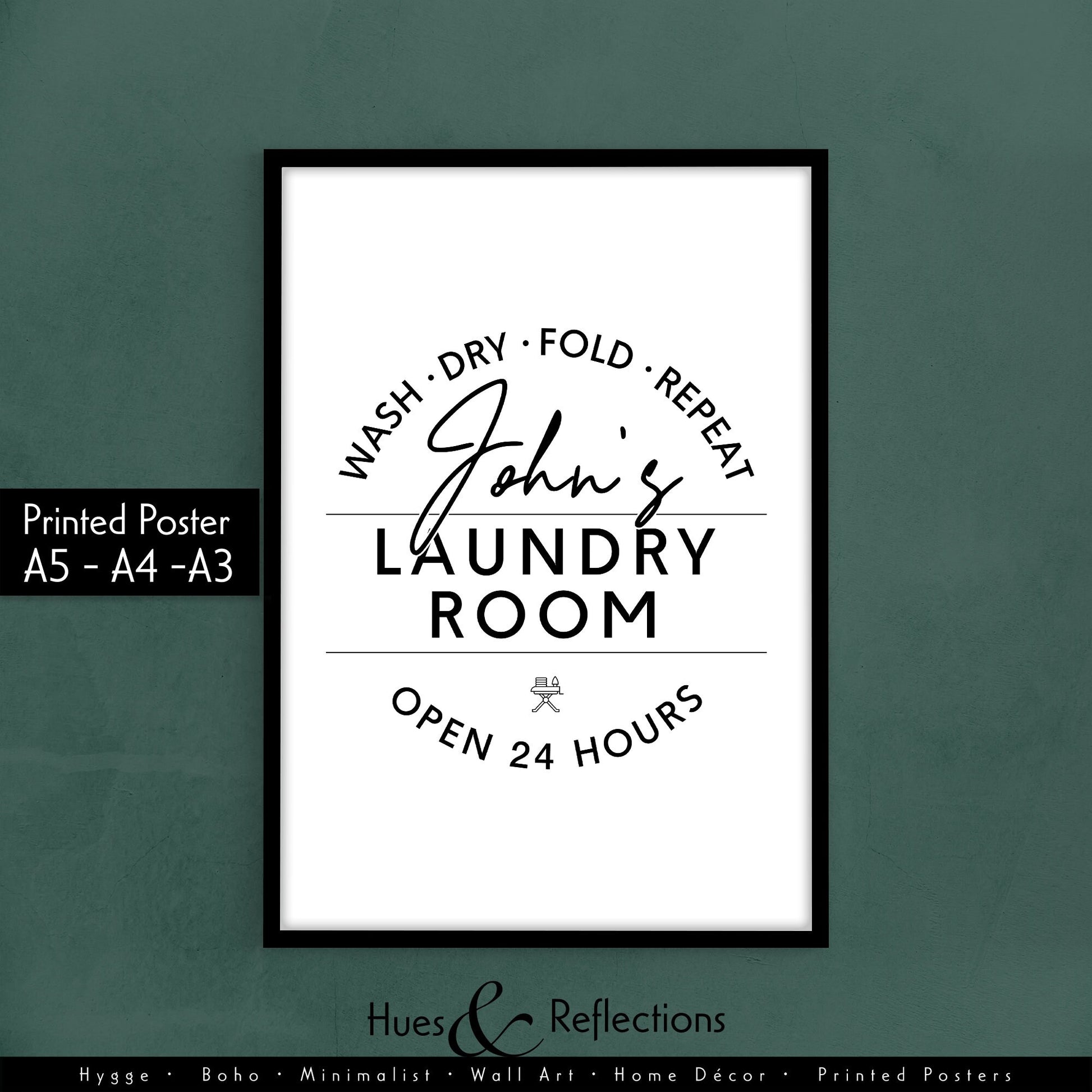 Personalised Laundry room print. Ideal gift for housewarming. Complement your minimalist house decoration with this handy guide for laundry. Frame for laundry room. Poster for laundrette. Black and white picture for bathroom.