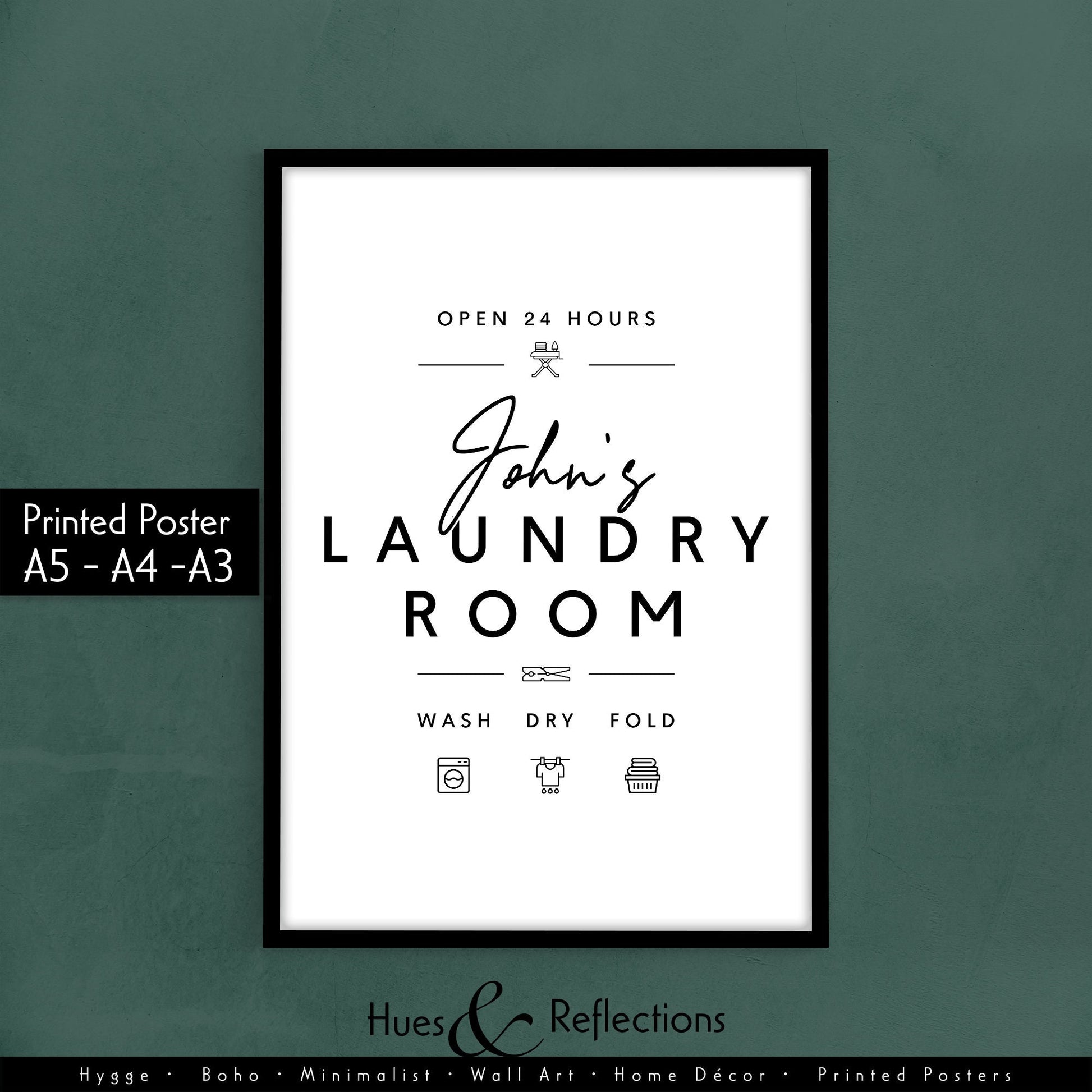 Personalised Laundry room print. Ideal gift for housewarming. Complement your minimalist house decoration with this handy guide for laundry. Frame for laundry room. Poster for laundrette. Black and white picture for bathroom.