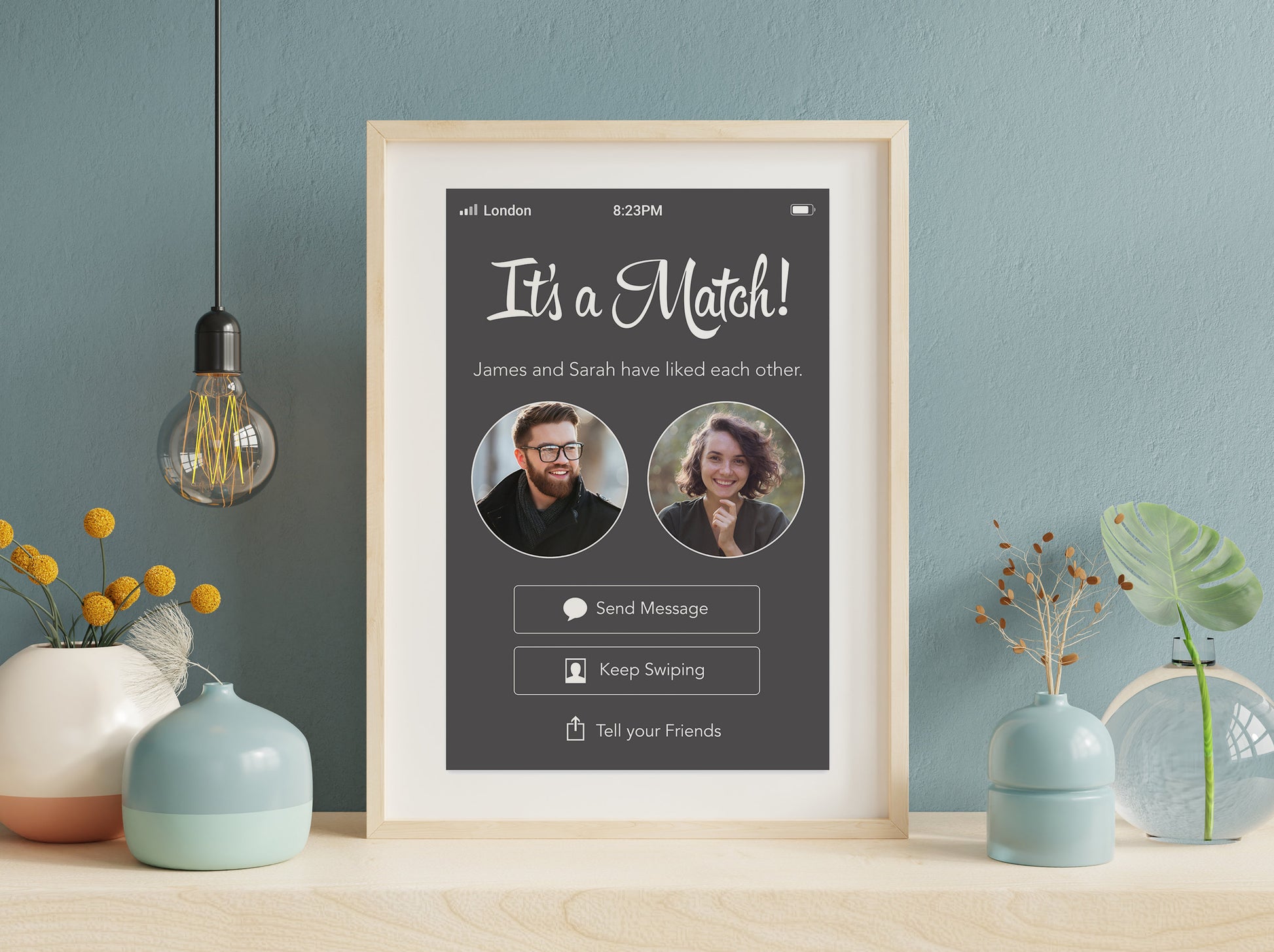 Personalised dating app match with photos print, ideal for couples who met online or through a dating app, couple gift, anniversary gift art, fiancé gift idea, online meeting gift, tinder meeting, first anniversary gift, engagement gift, Its a match