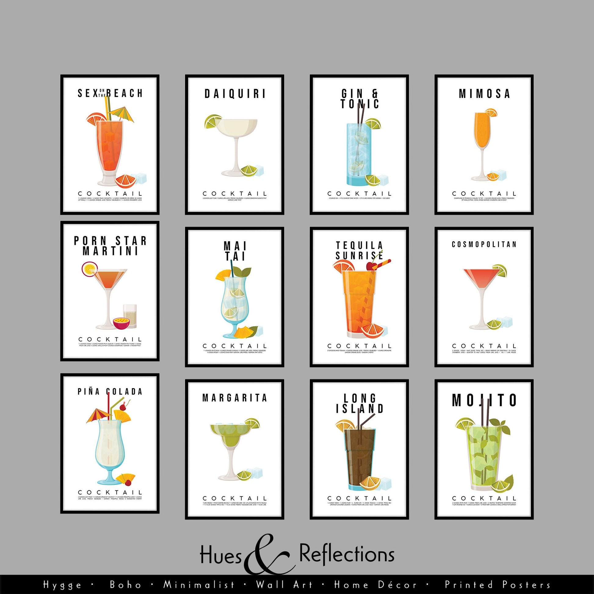 Classic Cocktail Print, Margarita Print, Mojito Recipe, Gin and Tonic Drink Poster, Kitchen Prints, Bar Decor, Colourful Print, Gallery Wall, cocktail print, cocktail poster, cocktail glasses, cocktail sign, cocktail kit, cocktail recipe