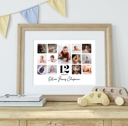 Personalised baby 1st year birthday collage print. An ideal keepsake or gift for 12 months as baby first birthday present and nursery decor