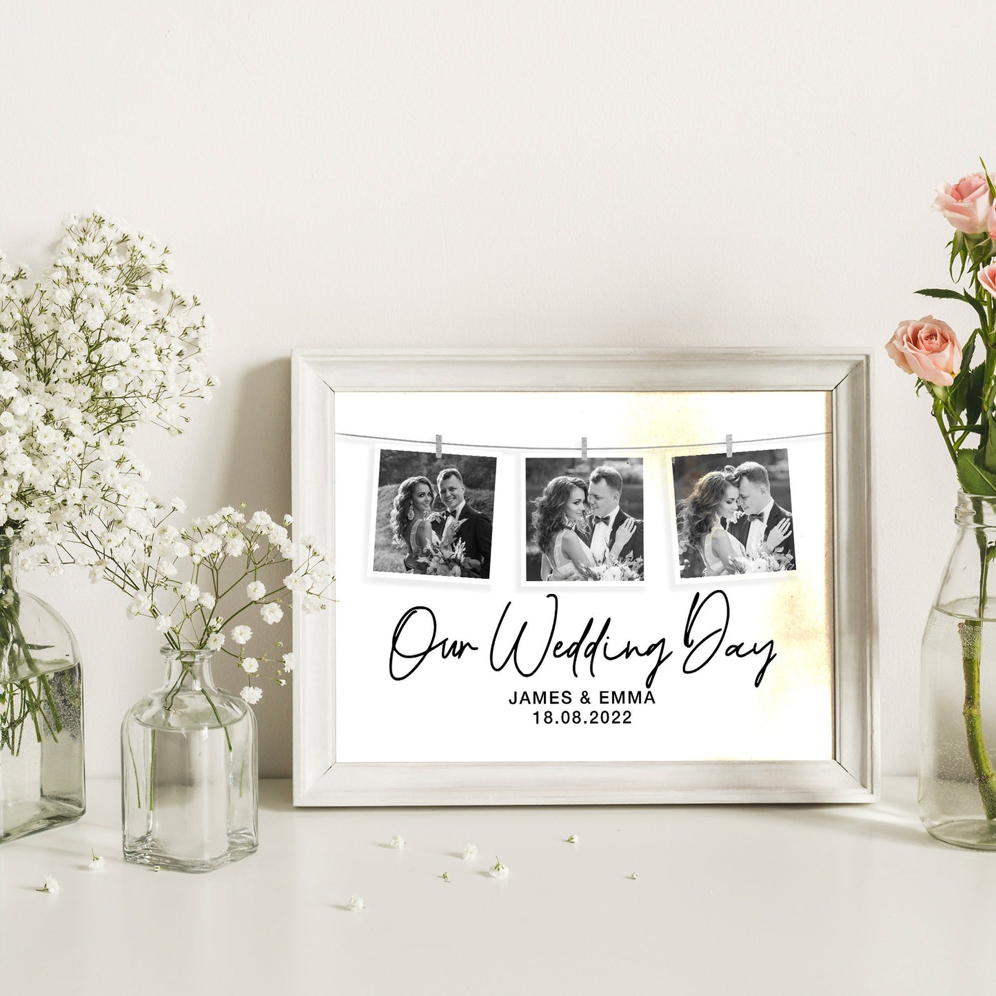 Personalised wedding day, valentines day gift print with couple names and date, Wedding anniversary gift for couple, custom gift for wife, photo collage frame, gift for him, gift got her, Anniversary gift idea for husband, Marriage photo collage