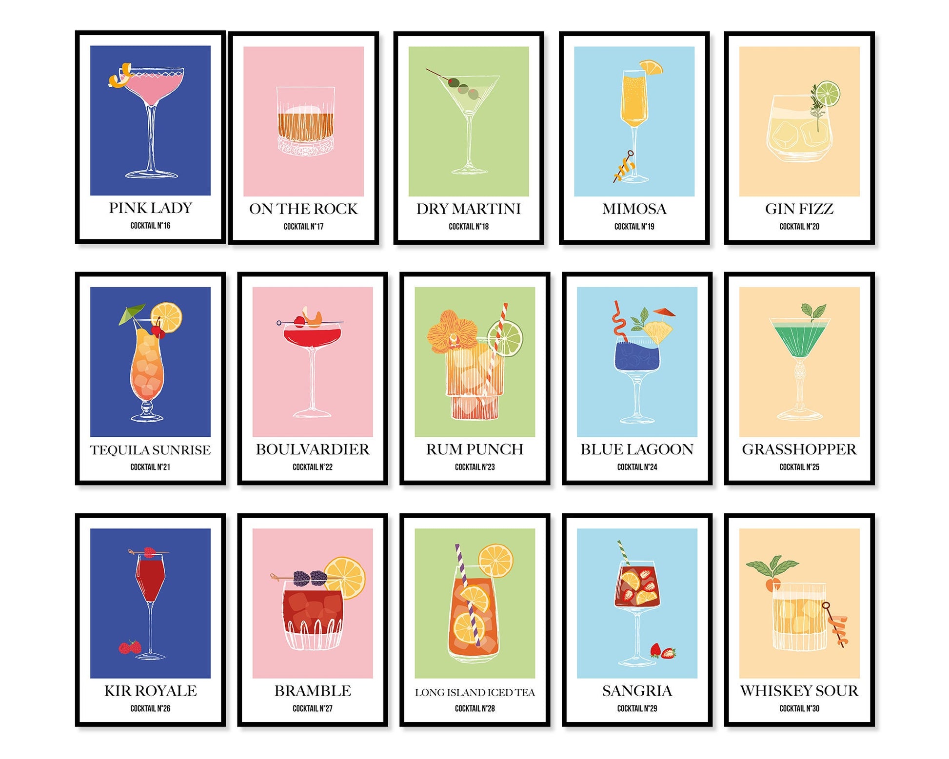 Custom Classic Cocktail Print, Margarita Print, Mojito Recipe, Gin and Tonic Drink Poster, Kitchen Prints, Bar Decor, Colourful Print, Gallery Wall, cocktail print, cocktail poster, cocktail glasses, cocktail sign, cocktail kit, cocktail recipe