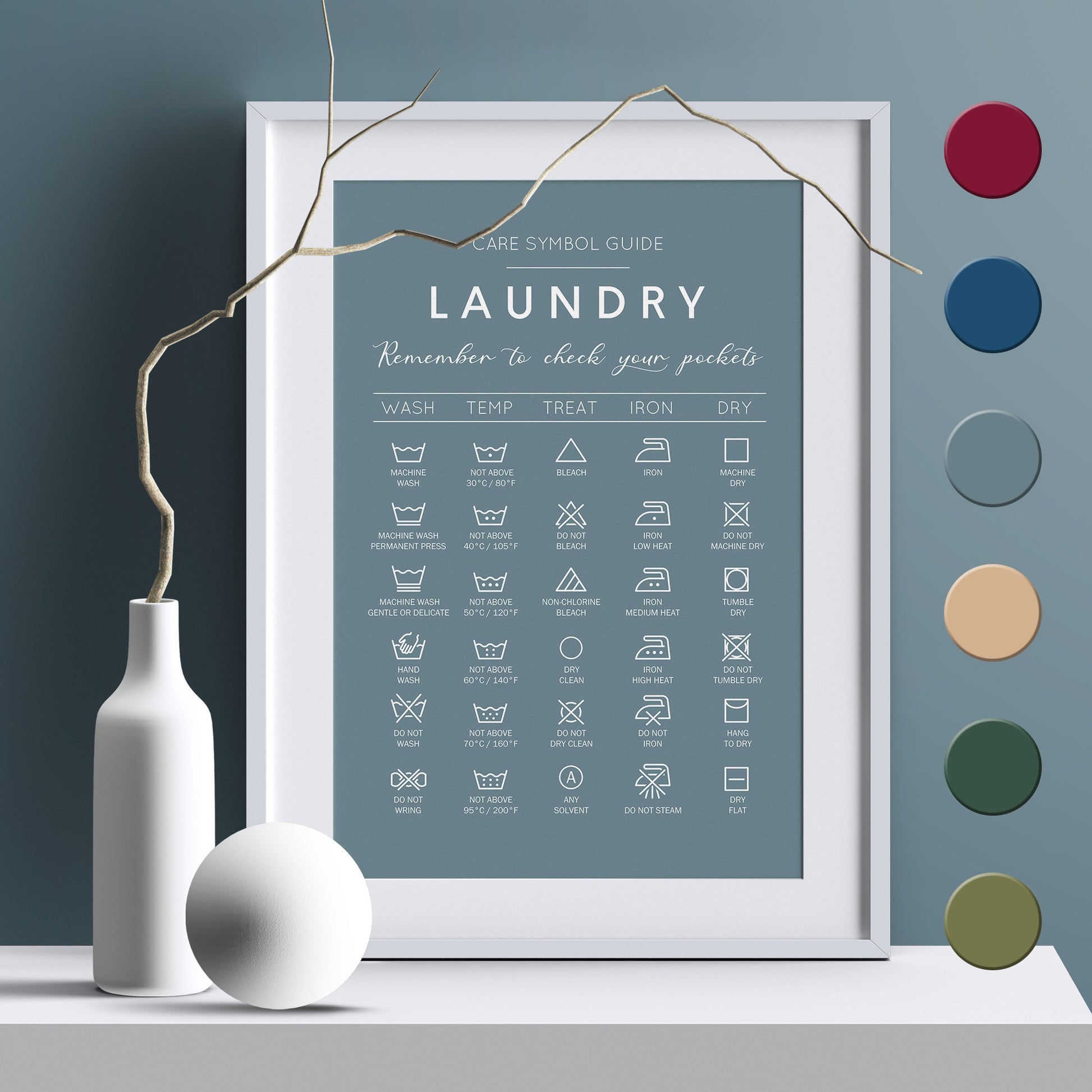 Laundry care symbol guide. Ideal gift for housewarming. Complement your minimalist house decoration with this handy guide for laundry. Frame for laundry room. Poster for laundrette. Black and white picture for bathroom. Cloth washing signs gift idea