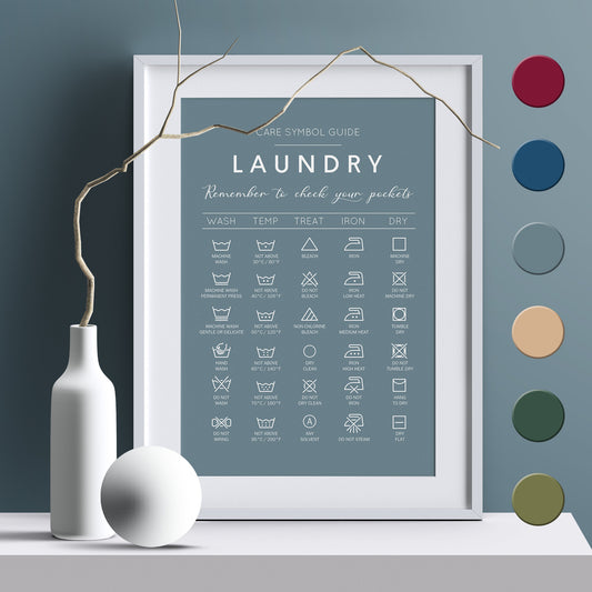 Laundry care symbol guide. Ideal gift for housewarming. Complement your minimalist house decoration with this handy guide for laundry. Frame for laundry room. Poster for laundrette. Black and white picture for bathroom. Cloth washing signs gift idea